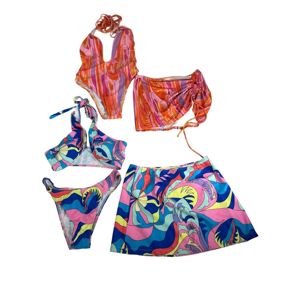 Shein 3 Piece Psychedelic Swirl Swimsuit Set One-Piece Bikini Sarong Small‎ Lot
